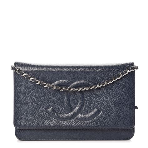 CHANEL Caviar Timeless CC Wallet on Chain WOC Navy Blue 